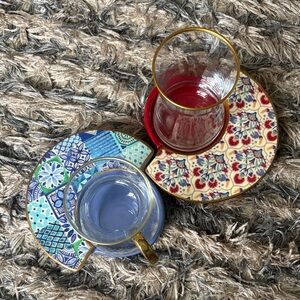 Turkish Handmade Floral and Mosaic Tea Cup & Saucer Set,Gold Trim. 💙His & Hers❤️